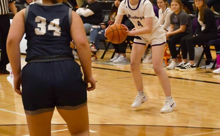 Waubay-Summit girls basketball hosted Great Plains Lutheran Feb. 20 in Summit which ended in an 18-55 loss for the Mustangs. Here, Regan Schmidt (4) gears up to take a three as a Great Plains Lutheran defender guards the interior. Reporter &amp; Farmer | Brenner Cariveau