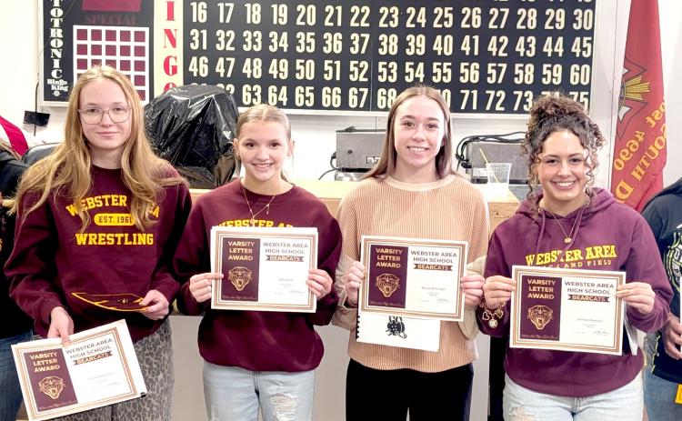 Webster Area School Bearcat wrestling awards were presented March 29. Pictured from left are varsity letter recipients Claire Torrence, most improved; Claire Halvorson, coaches award; Abbi Mays, Macee McGregor, hardest worker (most wins, pins, takedowns, escapes, near falls, tech falls-tie); Jocelyn Rumpca, most valuable (most tech falls-tie and reversals) and Cante Williams. Reporter &amp; Farmer | Subscriber snapshot