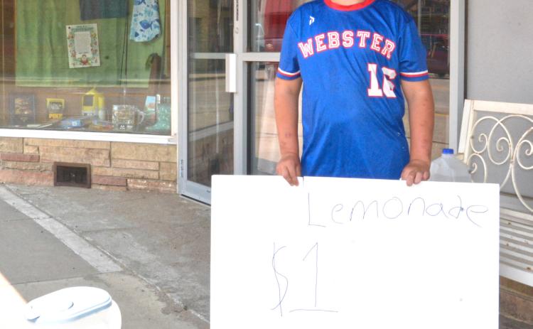 Lemonade stand proprietor Dylan Ellis, soon to be 13 years old, set up his storefront on Main Street, Webster July 27. Ellis said business is booming thanks to the warm weather and daytime traffic. He is saving his profits to fund the purchase of a four-wheeler and said he is getting “kinda” close to his goal. Reporter &amp; Farmer | Timothy Gibson