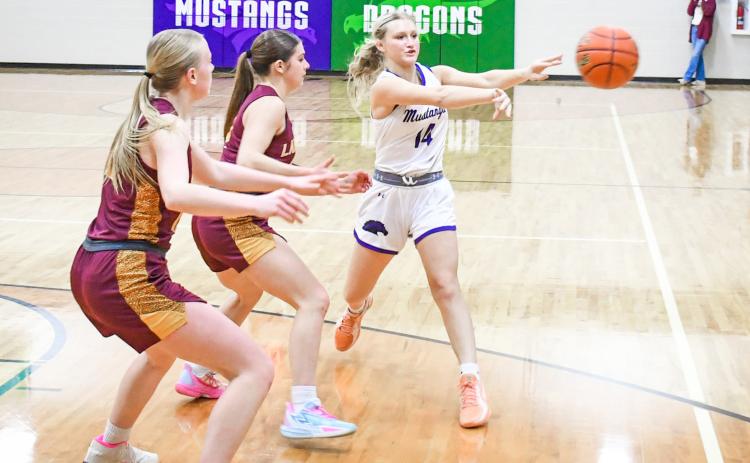 Kayce Berger (14) of Waubay/Summit fires a pass to the corner during the Mustangs 64-24 win against Langford Area Lions Feb. 2 in Waubay. The victory brought Waubay/Summit to a record of 13-2 on the season. Reporter &amp; Farmer | Rob Dulitz