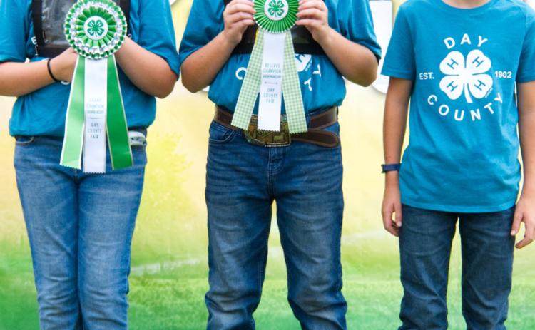 Beginner goat showmanship winners at the Day County Fair Aug. 8 are, from left, grand champion Julia Ogren, reserve champion Isaac Ogren and third place Corbin Huffman.